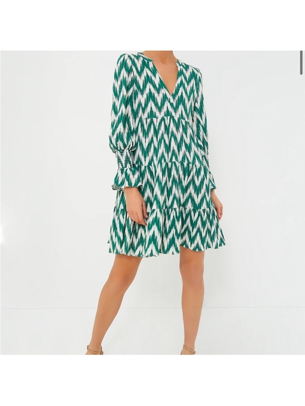 Pomander Place Green Ikat Kenzo Dress Chevron Tiered Long Sleeves Size XS